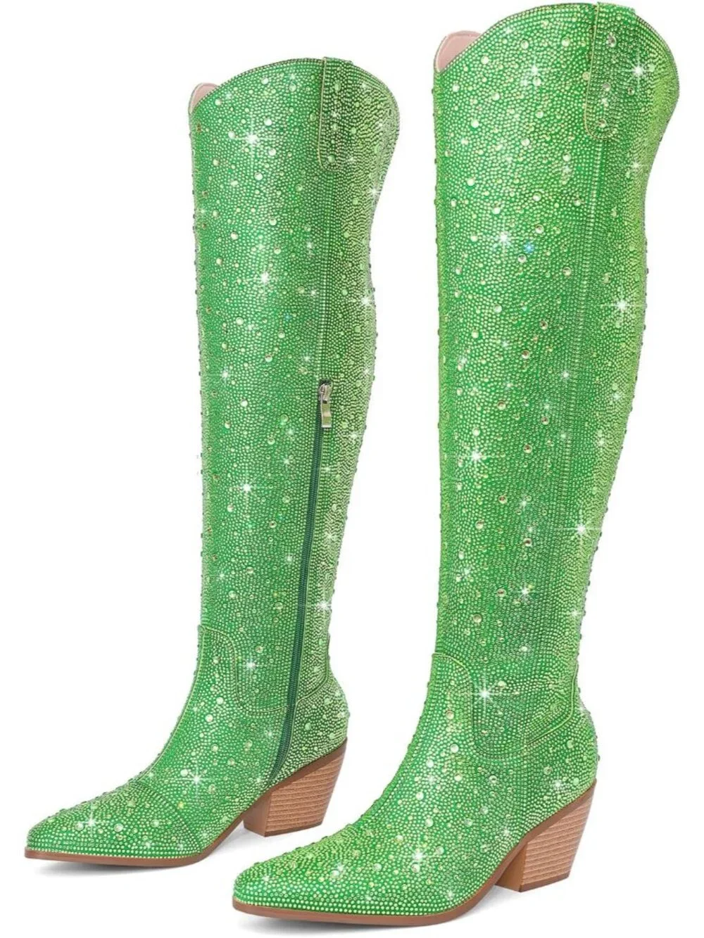 Women's Green Rhinestone Sparkly Bling Side Zippers Over the Knee High Boots